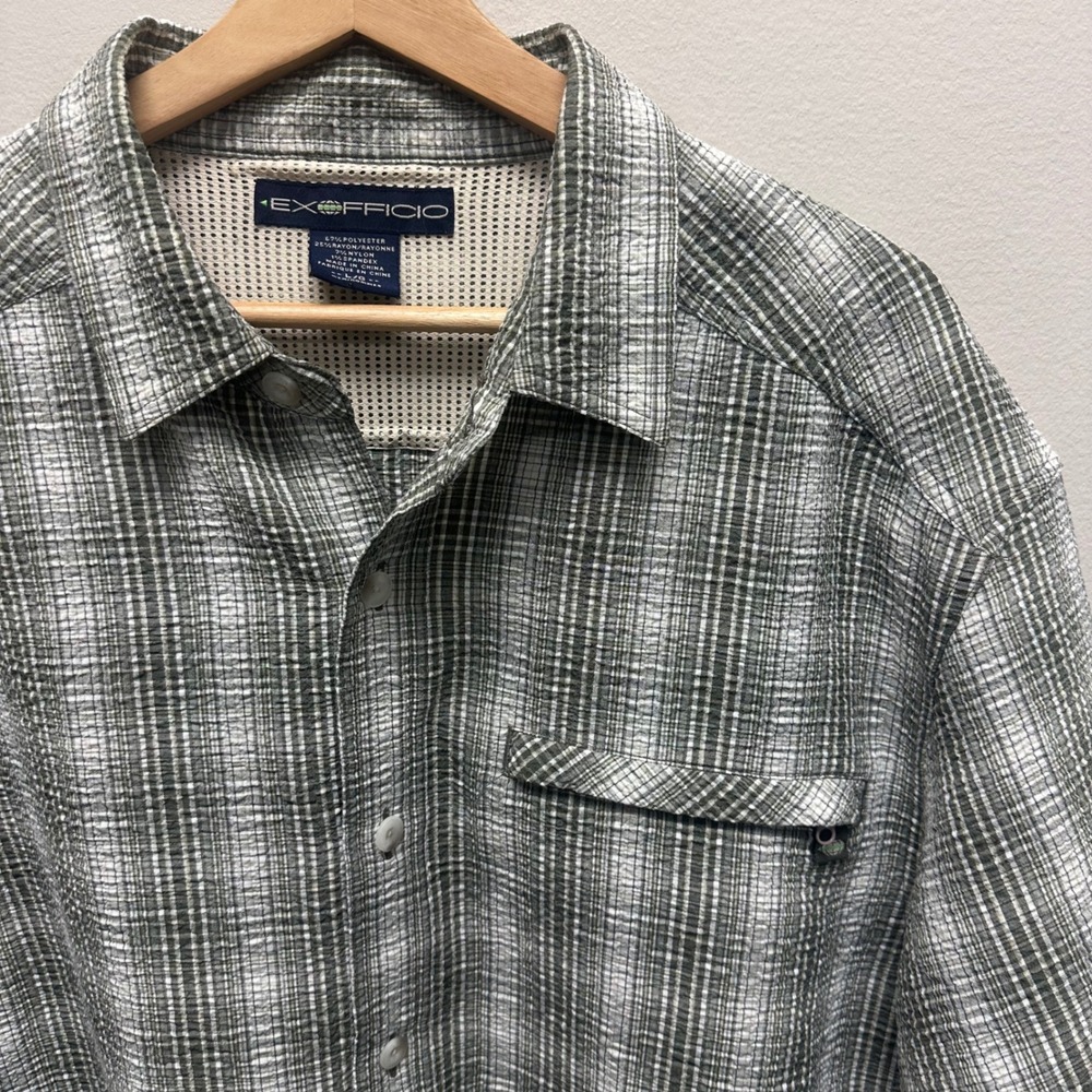 ExOfficio Shirt Mens Large Green Plaid Gingham Check SS Ventilated Hiking Travel